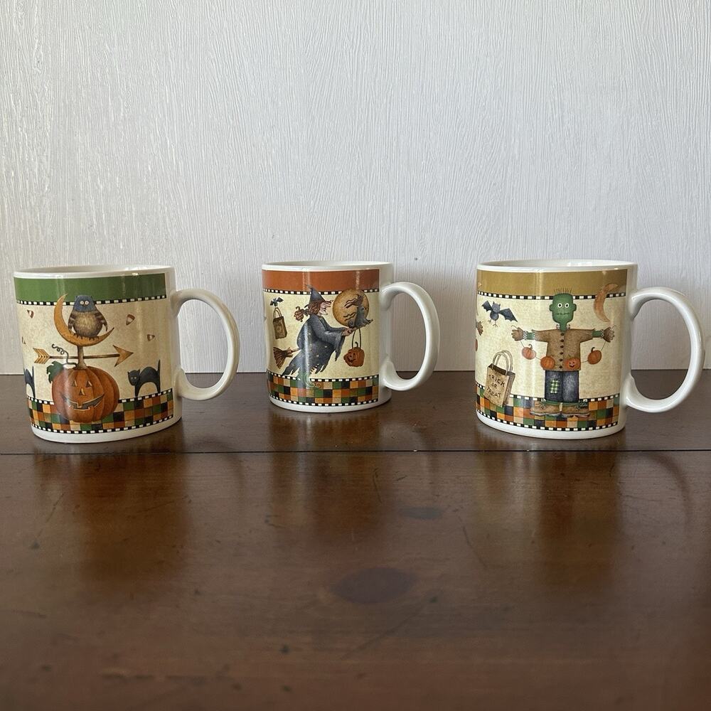 Vintage 1998 Sakura Debbie Mumm Halloween Mugs Set of 3 Witch Owl Frankenstein